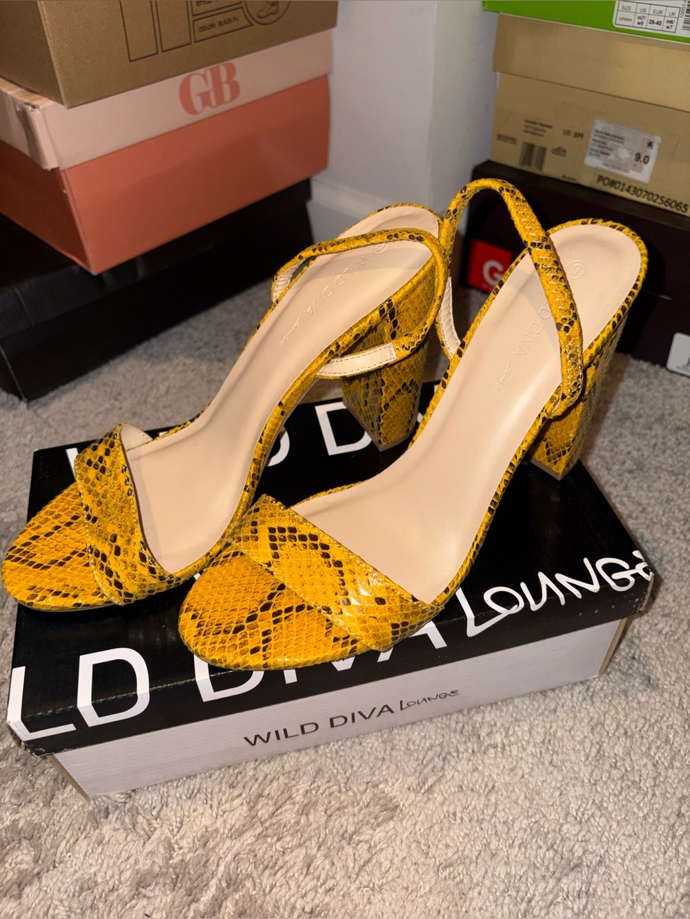 Wild Diva Yellow Snake-Print Block Heel Sandals